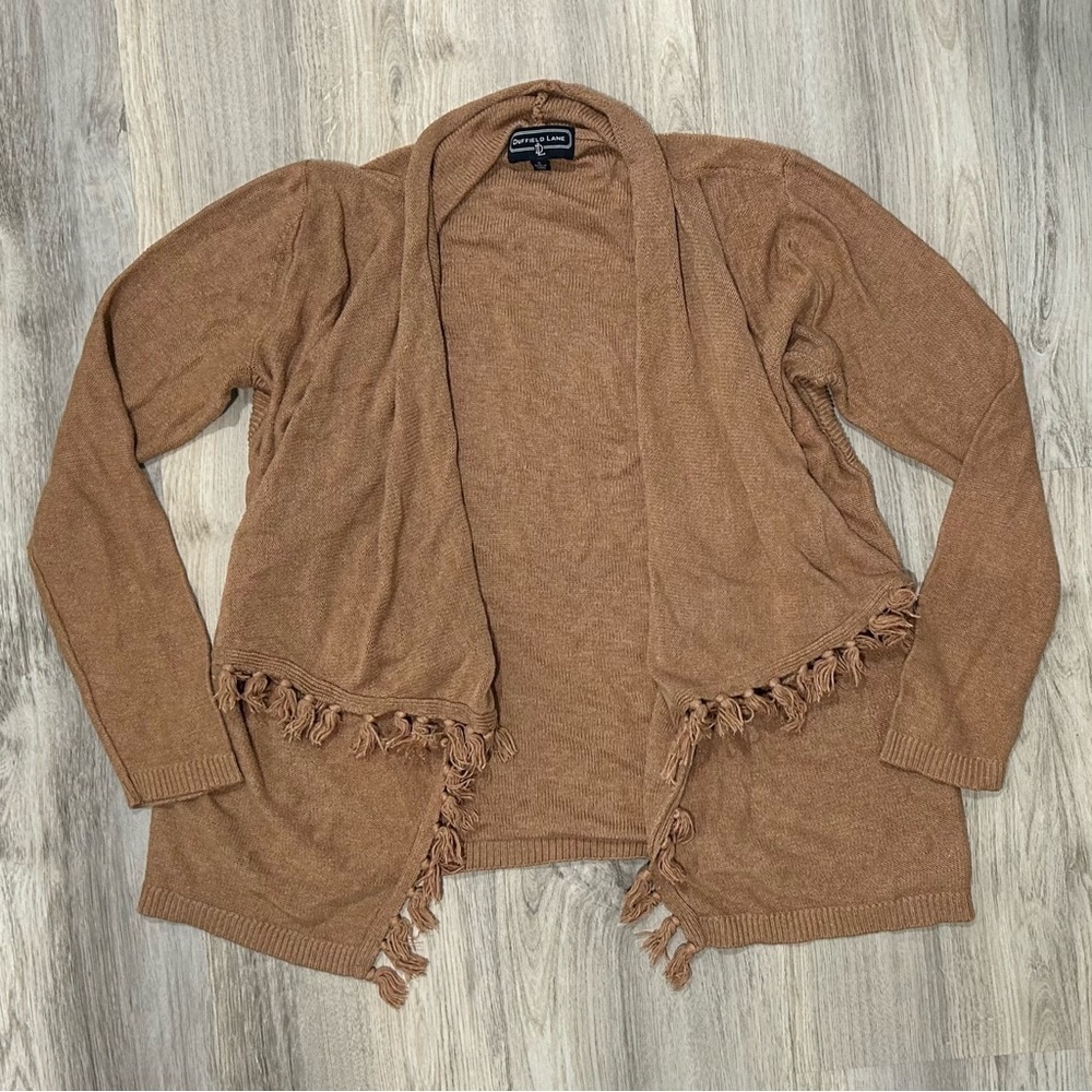 Duffield Lane Brown Cashmere Blend Cardigan Sweater Open Knit Fringe Size S